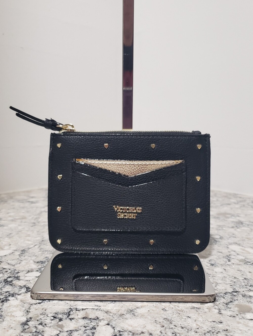 Victoria's Secret Heart Studded Black Card Case Wallet Key Charm